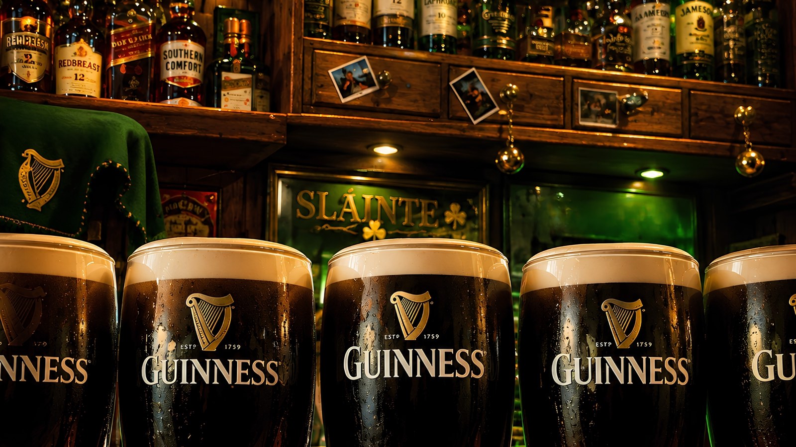 Row of freshly poured Guinness pints at The Fastnet bar, with whiskey bottles and a Sláinte sign behind
